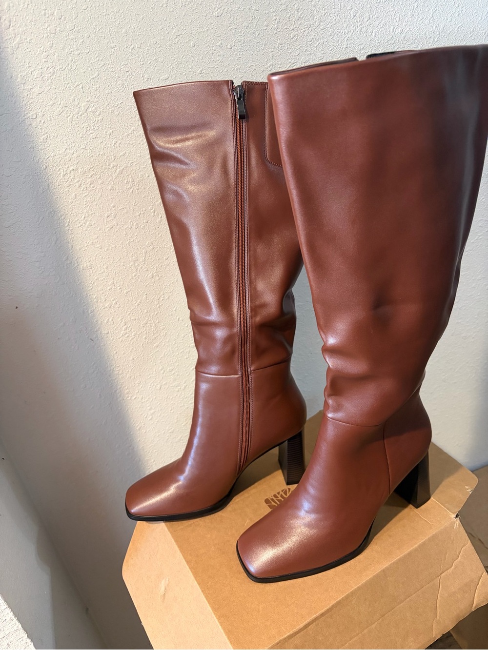 Women's Tall Brown Leather Block Heel Boots